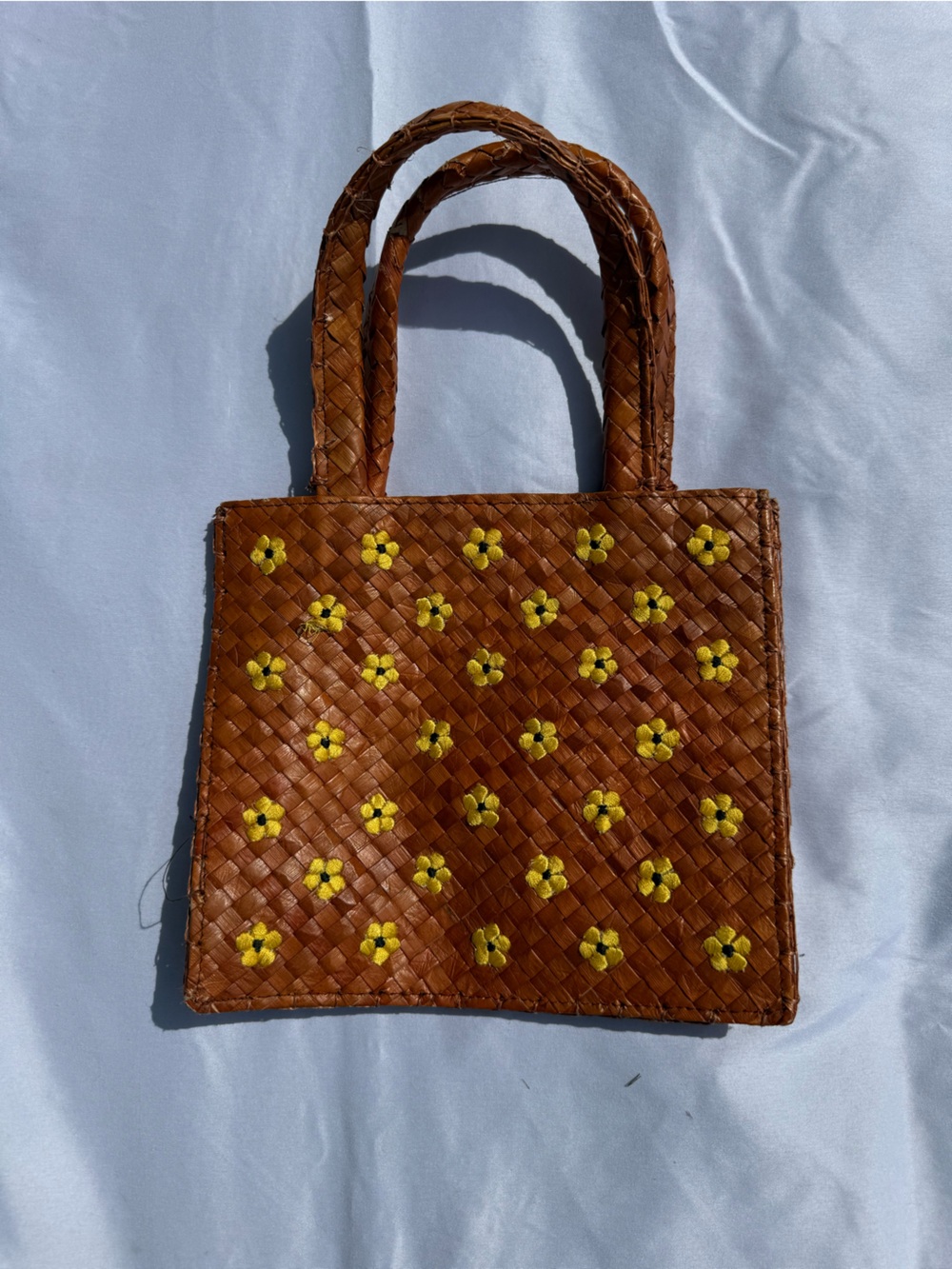 Esprit Woven Brown Tote with Yellow Flower Embellishments